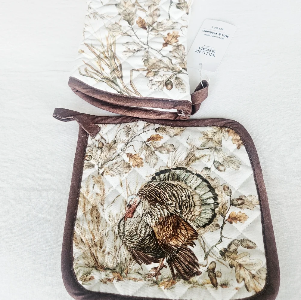 Williams Sonoma Turkey Oven Mitt and Potholder Set in Cream, Brown, Tan